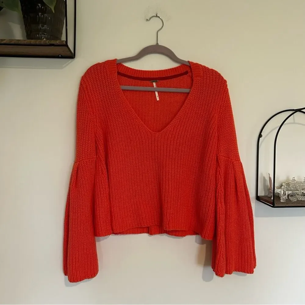 Free People Damsel Knit Bell‎ Sleeve Pullover Sweater Coral Size Small